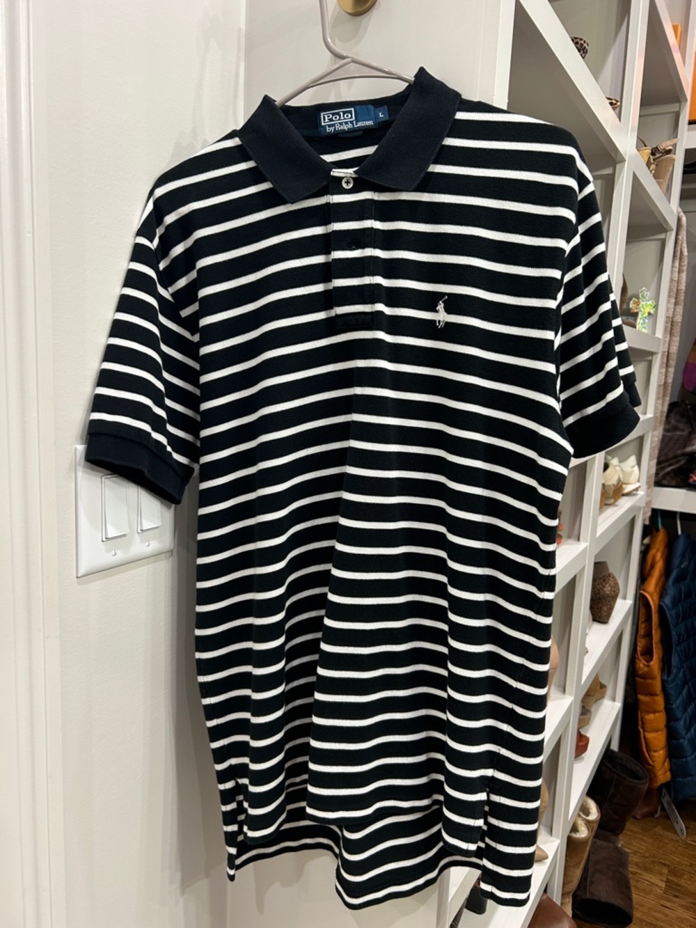 Polo by Ralph Lauren Black & White Striped Polo Shirt.  Size Large